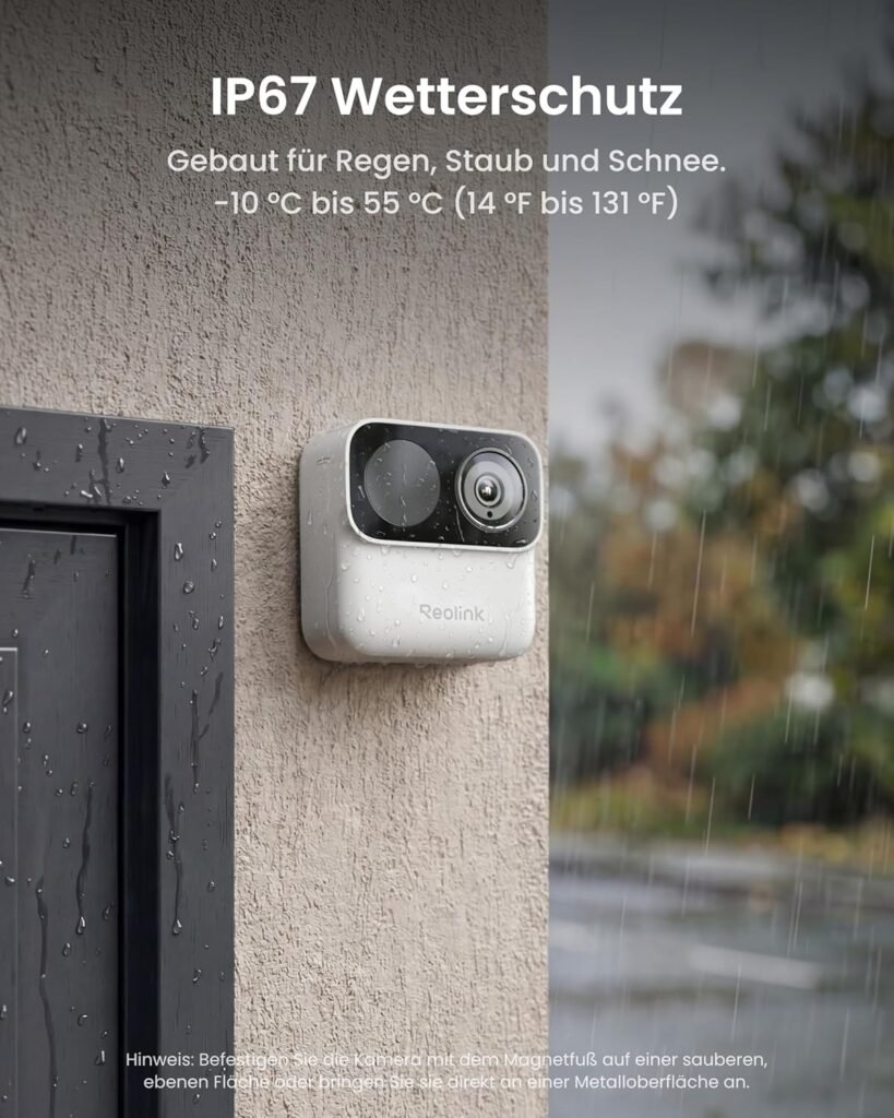 Herstellergrafik zur wettergeschützten Reolink MagiCam an einer Hauswand