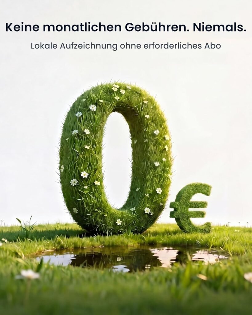 Reolink-Werbegrafik mit Hinweis auf lokale Aufzeichnung ohne monatliches Abonnement